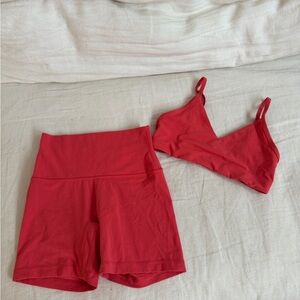 Aritzia activewear red sports bra and biker shorts set